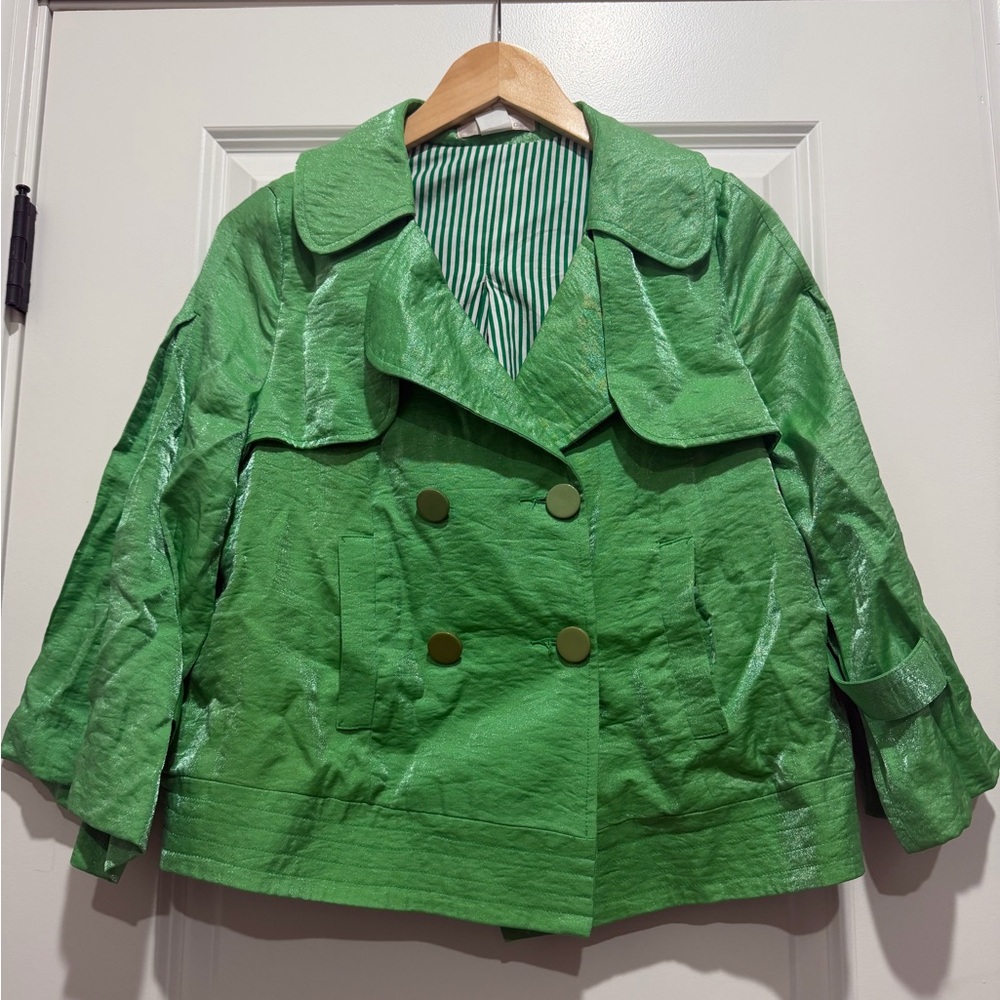 Y2K Miss Closet Green Double-Breasted Women's Jacket with 3/4‎ Sleeves Large